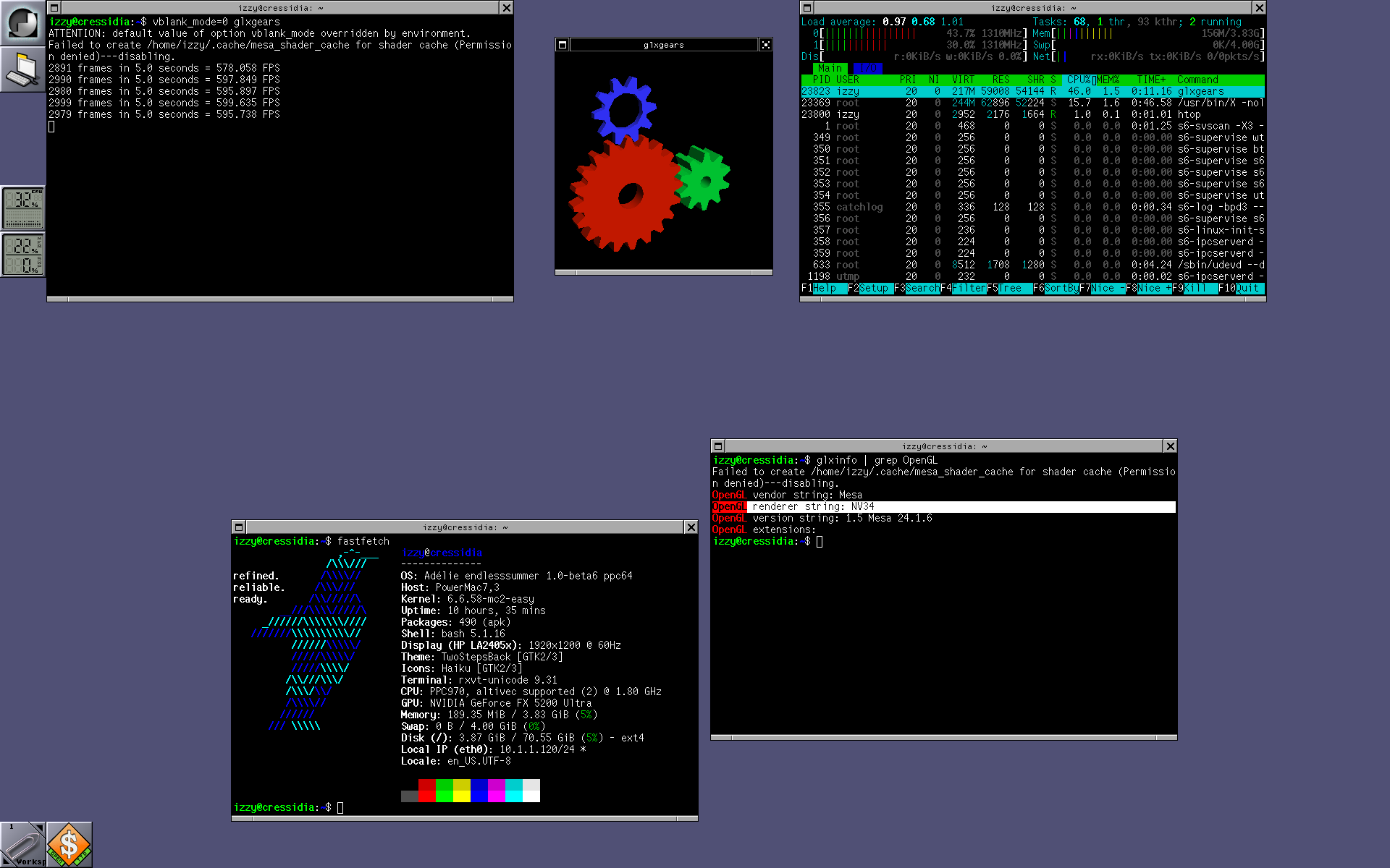 an Adelie Linux system running on a Powermac G5 (dual 1.8Ghz, 4GB RAM, NVIDIA FX 5200 graphics card) showing glxgears running at ~600FPS, and glxinfo showing it knows what a NV34 is
